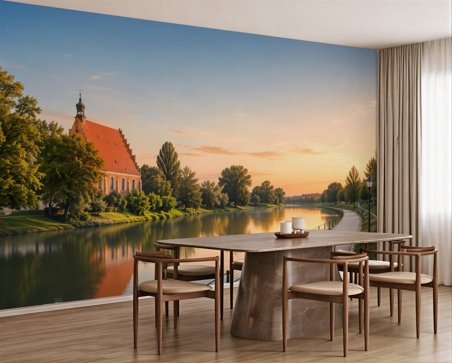 Fototapeta Architektura miasta Bydgoszcz z odbiciem w rzece Brda o zachodzie słońca?v23